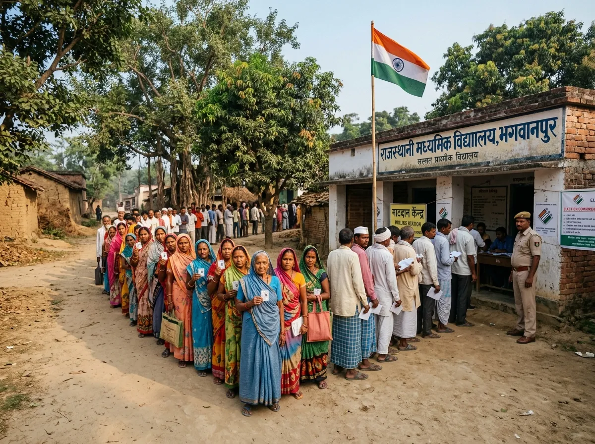 Village polling station in rural Bihar with voters queuing